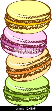Süße französische Macarons. Pastöse traditionelle süße Makronen Keks. Cartoon-Stil. Isoliert auf weißem Hintergrund. Stock Vektor