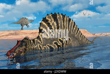 Ein paar der Spinosaurus Dinosaurier Jagd nach Nahrung, während Erden Kreidezeit-Ära, In der heutigen Nord-Afrika. Stockfoto