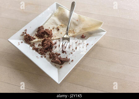 Speisereste ein Schokoladenkuchen Krümel Teller Gabel Besteck Serviette Serviette gegessen verbraucht zufrieden Zufriedenheit behandeln Genuss Stockfoto