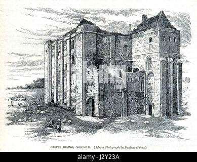 Castle Rising ist eine mittelalterliche Festung in Norfolk, England. Es stammt aus dem 12. Jahrhundert und wurde von William d'Aubigny erbaut. Die Burg verfügt über eine gut erhaltene Motte und Vorburg und ist bekannt für ihren beeindruckenden Steinfried, der Einblicke in die mittelalterliche Militärarchitektur bietet. Stockfoto
