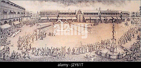 Das Auto de Fe bezieht sich auf eine öffentliche Veranstaltung in Lima, Peru, bei der Personen öffentlich wegen Ketzerei angeklagt und bestraft wurden, oft durch Verbrennung auf dem Scheiterhaufen. Diese Praxis war während der spanischen Inquisition üblich. Stockfoto