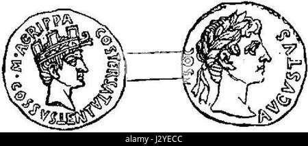 Eine historische römische Münze mit den Figuren von Agrippina und Augustus. Die Münze stammt wahrscheinlich aus der Regierungszeit von Kaiser Augustus und diente als Stück antike römische Währung und historisches Artefakt. Stockfoto