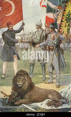 Dieses Poster stellt Propaganda oder eine visuelle Botschaft der Mittelmächte während des Ersten Weltkriegs dar. Die Mittelmächte waren eine der wichtigsten Bündnisse im Krieg und wurden verwendet, um die öffentliche Meinung und Moral zu beeinflussen. Stockfoto