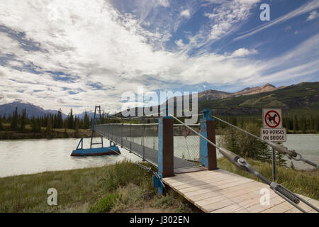 Eine Hängebrücke über den North Saskatchewan River in Siffleur Wilderness Area, Alberta, Kanada. Stockfoto