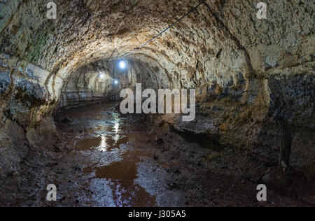 Ein Spaziergang durch den Lava-Tunnel auf der Insel Santa Cruz in den Galapagos-Inseln als Abenteuer Aktivität in Ecuador. Stockfoto