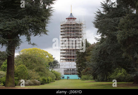 Das Gerüst umfasst die 163 Meter hohe große große Pagode im Royal Botanic Gardens, Kew, Südwesten Londons, die derzeit ein £4.5 Millionen großes Projekt zur Erhaltung durchläuft, das die Stadt in ihren Glanz aus dem 18. Jahrhundert zurückbringen und 2018 endgültig für die Öffentlichkeit wiedereröffnet. Stockfoto