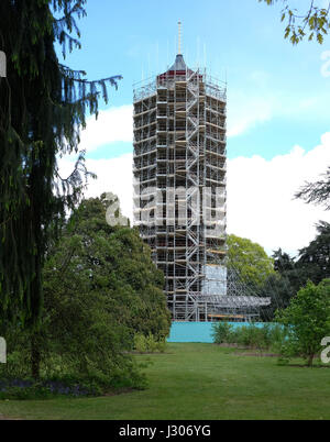 Gerüstbau deckt die 163 Fuß hohen große Pagode im Londoner Royal Botanic Gardens, Kew, Süd-west, die ein £ 4,5 Millionen großen Naturschutzprojekt befindet, der angezeigt wird, es zurück zu seiner Pracht aus dem 18. Jahrhundert und Wiedereröffnung der Öffentlichkeit dauerhaft im Jahr 2018. Stockfoto