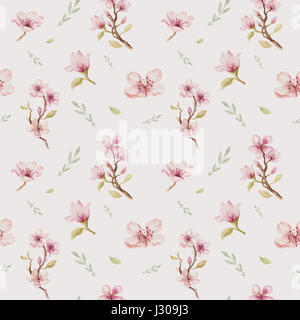Aquarell nahtlose Tapete mit Cherry Blossom Blumen, Branč Stockfoto