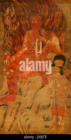 Aka-Fudo bezieht sich auf eine Figur oder Gottheit in der japanischen Kultur, die typischerweise mit Fudo Myoo assoziiert wird, dem erbitterten Beschützer buddhistischer Lehren, oft mit einem Schwert und Flammen dargestellt. Stockfoto