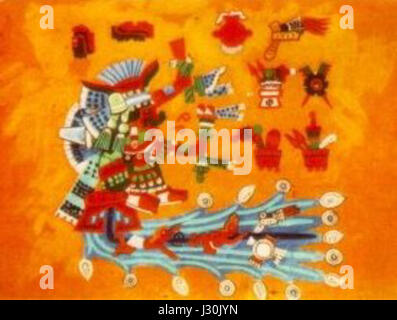 Der Codex Chalchiuhtlicue ist eine antike mesoamerikanische Manuskript, die die aztekische Göttin Chalchiuhtlicue darstellt, die mit Wasser und Fruchtbarkeit verbunden ist und die aztekische Kultur und den Glauben hervorhebt. Stockfoto