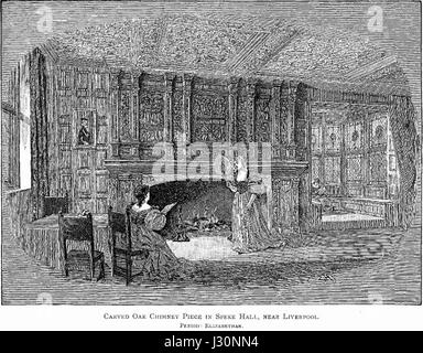 Geschnitzte Eiche Schornstein Stück in Speke Hall Stockfoto