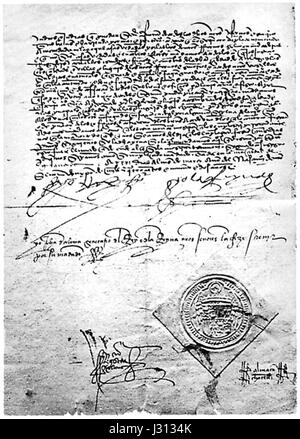 Das Alhambra-Dekret von 1492, erlassen von Ferdinand und Isabella von Spanien, ordnete die Ausweisung aller Juden aus dem Königreich Spanien an. Dieses Dekret markierte einen bedeutenden Moment in der spanischen Geschichte und beeinflusste jüdische Gemeinden und ihre kulturelle Präsenz. Stockfoto