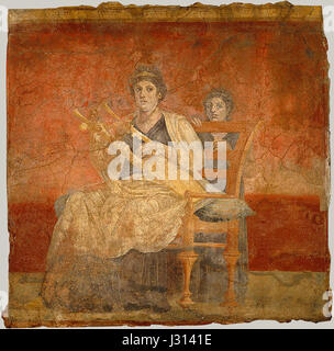 Ein Fresko aus Boscoreale zeigt eine Frau, die Kithara spielt, eine Art griechischer Leier. Das Kunstwerk, das in einer Villa in der Nähe von Pompeji gefunden wurde, spiegelt das künstlerische und kulturelle Leben der römischen Gesellschaft im 1. Jahrhundert wider. Stockfoto