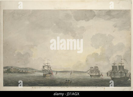 Eine Originalskizze durch einen englischen Offizier an Bord eines Adml. Howes Flotte während vor Anker im Hafen von New York, nur nach der Schlacht von Long Island (NYPL Hades-165823-420784) Stockfoto