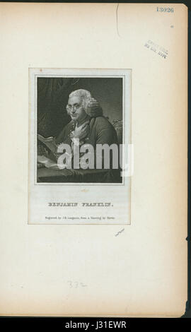 Dieses Bild bezieht sich auf ein Porträt oder eine Darstellung von Benjamin Franklin, einem der Gründungsväter der Vereinigten Staaten. Franklin war bekannt für seine Beiträge zu Wissenschaft, Politik und Diplomatie, und sein Einfluss ist nach wie vor bedeutend in der amerikanischen Geschichte. Stockfoto