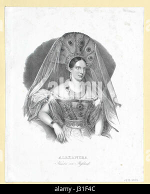 Diese Gravur zeigt Alexandra Feodorowna, die Kaiserin von Russland, in traditioneller russischer Kleidung. Das Bild hebt ihre königliche Kleidung hervor und stellt sie als Symbol russischer kaiserlicher Eleganz dar. Alexandra Feodorowna war die Ehefrau des Zaren Nikolaus II. Und die letzte Zarin Russlands vor der Russischen Revolution. Stockfoto
