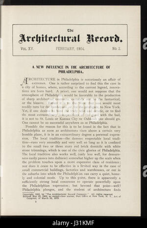 Die Ausgabe vom Februar 1904 von *Architectural Record* enthält Artikel zu architektonischen Trends des frühen 20. Jahrhunderts. Es umfasst bemerkenswerte Designprojekte und aufkommende Architekturbewegungen in den frühen 1900er Jahren Stockfoto