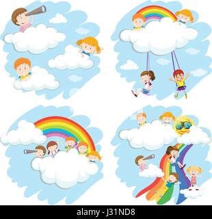 Glückliche Kinder auf flauschige Wolken und Regenbogen-illustration Stock Vektor