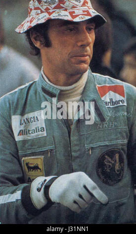 Sandro Munari war ein berühmter Rallyefahrer und seine Teilnahme an der Rallye Sanremo 1975 in einem Lancia Alitalia Auto ist ein bemerkenswerter Moment in der Motorsportgeschichte. Die Rallye war Teil der FIA World Rally Championship. Stockfoto
