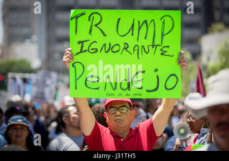 Los Angeles, USA. 1. Mai 2017. Anti-Trump Demonstrant bei kann Tag in Downtown Los Angeles, Kalifornien, 1. Mai 2017 Rallye. Schild "Trump Ignorante Pendejo." Bildnachweis: Jim Newberry/Alamy Live-Nachrichten Stockfoto