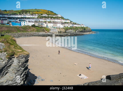 Cardigan Bay, Wales, UK. 2. Mai 2017. Nach den Massen der Bank Holiday Montag/lange Wochenende gegangen, abgesehen von ein paar Leute und ein Hund am Strand in New Quay menschenleer ist. An einem sonnigen Tag der blaue Himmel in frühen May.Seaside resort an der Küste Ceredigion, Cardigan Bay, West Wales.UK. Bildnachweis: Paul Quayle/Alamy Live-Nachrichten Stockfoto