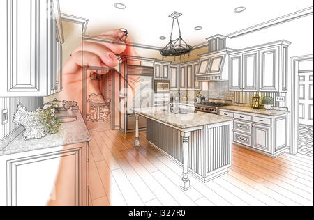 Hand Zeichnung kundenspezifische Küchendesign mit Abstufung Foto enthüllt. Stockfoto