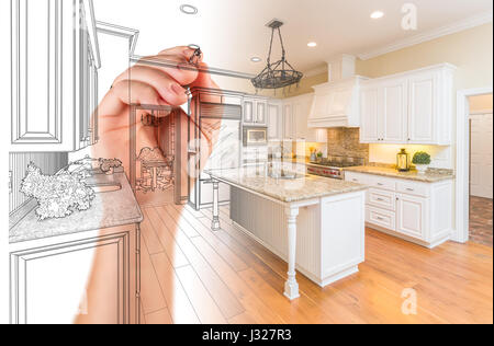 Hand Zeichnung kundenspezifische Küchendesign mit Abstufung Foto enthüllt. Stockfoto
