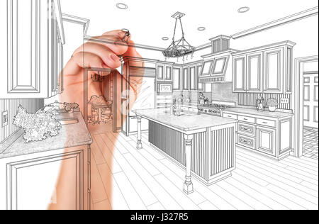 Hand des Architekten Zeichnung Detail kundenspezifische Küche Design. Stockfoto