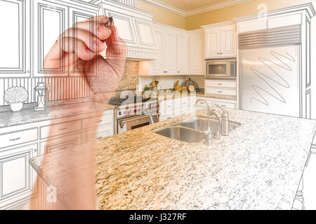 Hand Zeichnung kundenspezifische Küchendesign mit Abstufung Foto enthüllt. Stockfoto