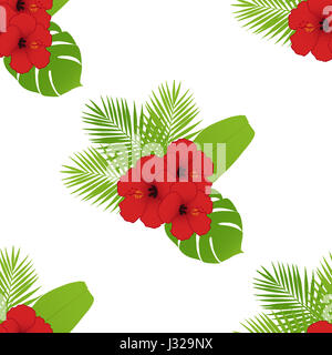 Roter Hibiskus und Palm Blätter nahtlose Muster. Vektor-Illustration. Stockfoto