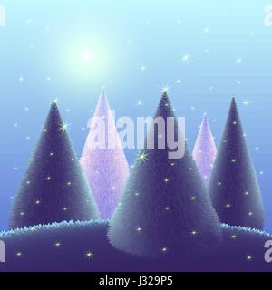 Weihnachtsbäume auf blauem Hintergrund Landschaft mit Sternen. Magic Forest in den Nachthimmel. Vector Illustration Grußkarte Frohe Weihnachten und guten Rutsch n Stock Vektor
