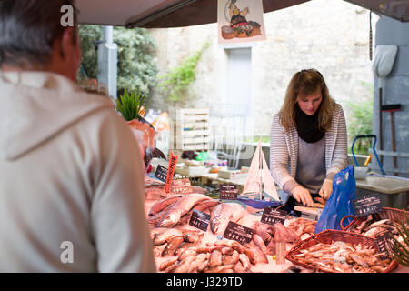 Frau arbeitet an einem Fischmarkt stall Frankreich Stockfoto