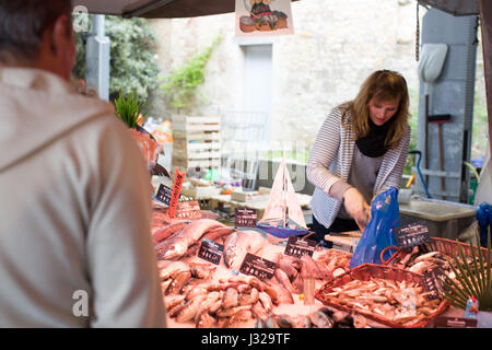 Frau arbeitet an einem Fischmarkt stall Frankreich Stockfoto