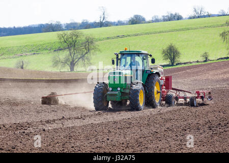 Aussaat auf den Cotswolds im zeitigen Frühjahr in der Nähe von Hawling, Gloucestershire UK Stockfoto