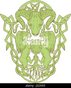 Illustration von stilisierten Bighorn Schafe Kopf mit zwei Löwen Fans Klettern am Baum mit keltischem Knoten, genannt Icovellavna, Zopf Arbeit oder Flechtarbeit wov Stock Vektor
