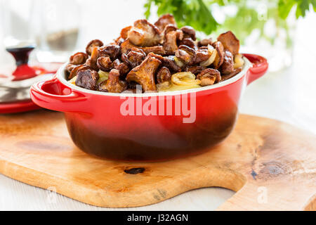 Pfifferlinge mit Kartoffeln in einer roten Keramiktopf Stockfoto