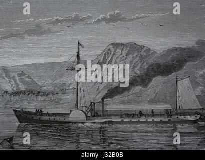 1. Dampfschiff von amerikanischen Ingenieur Robert Fulton (1765-1815). Gravur, 1883.Engraving. Nuestro Siglo, 1883. Spanische Ausgabe. Stockfoto