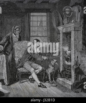 Young James Watt (1736-1819) Erfinder der Dampfmaschine, starrte auf einen Dampfkessel. Gravur. Nuestro Siglo, 1883. Spanische Ausgabe. Stockfoto