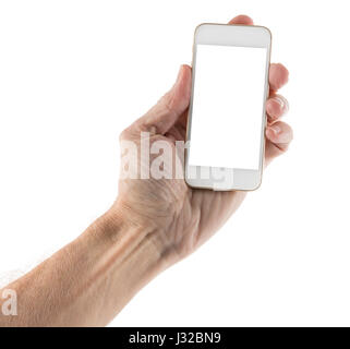 Hand mit Smartphone mit leeren Bildschirm auf weißem Hintergrund Stockfoto