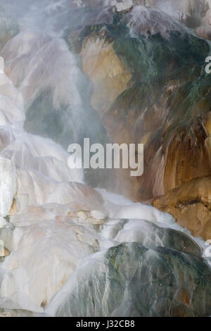 Mammoth Hot Springs im Winter, berühmten bunten Travertin Terrassen, UNESCO-Welterbe, Yellowstone Natinal Park, Wyoming, USA. Stockfoto