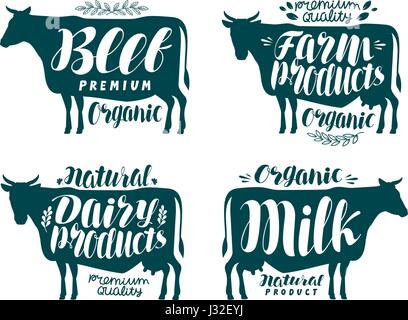 Kuh, Beschriftungssatz. Milch, Rindfleisch, Milchprodukte, Fleisch, Bauernhof-Symbol oder Logo. Schriftzüge, Kalligraphie Vektor-illustration Stock Vektor