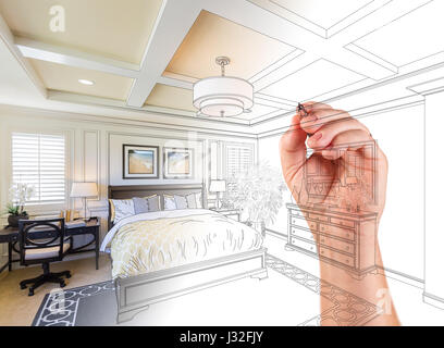 Hand-Zeichnung Custom Master Schlafzimmer Design mit Abstufung Foto enthüllt. Stockfoto