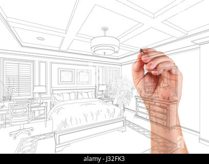 Hand-Zeichnung Custom Master Schlafzimmer Design auf einem weißen Hintergrund. Stockfoto