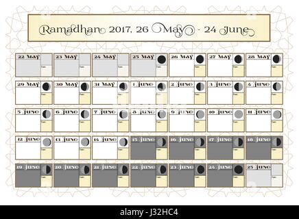 Ramadan Kalender 2017, 26. Mai. Überprüfen Sie Datum Auswahl. Beinhaltet: Fasten Tick Kalender, Mond Zyklus - Phasen, 30 Tagen des Ramadan auf weißem Hintergrund mit islamischen Muster. Vektor-Illustration. Stock Vektor