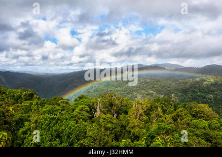 Regenbogen über dem Vordach der unberührten tropischen Regenwald gesehen von Skyrail Rainforest Seilbahn, Cairns, Far North Queensland, FNQ, QLD, Australien Stockfoto