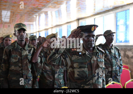 Somalische nationale Armee (SNA) Soldaten begrüssen, wie sie die Nationalhymne Somalias während einer Pass-Out-Zeremonie singen an das Ende einer militärischen Schulung unter der Leitung von Trainings-Mission der Europäischen Union in Somalia (EUTM) im allgemeinen Dhegabadan Trainingslager (Jazeera) in Mogadischu, Somalia am 14. Januar 2017. AMISOM Foto / Omar Abdisalan Stockfoto