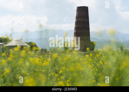 Der buranaturm ist ein großes Minarett in der chuy Tal im nördlichen Kirgisistan, das stammt aus dem 10. Jahrhundert von der antiken Stadt Balasagun. Stockfoto