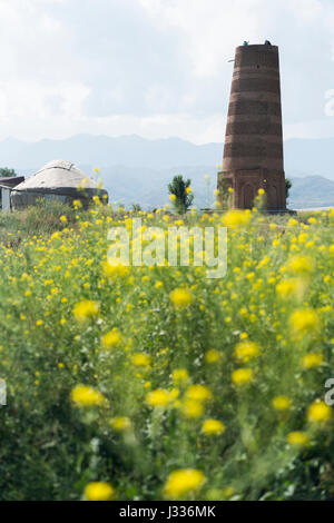 Der buranaturm ist ein großes Minarett in der chuy Tal im nördlichen Kirgisistan, das stammt aus dem 10. Jahrhundert von der antiken Stadt Balasagun. Stockfoto