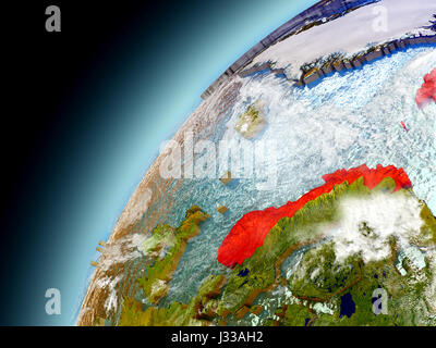 Norwegen, wie aus dem Orbit auf Modell der Erde gesehen. 3D Illustration mit Atmosphäre und reflektierende Ozeanwasser. Elemente des Bildes von der NASA eingerichtet. Stockfoto