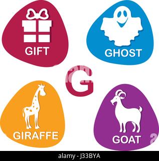 Niedliche Alphabet in Vektor. G-Brief für Geschenk, Ghost, Giraffe und Ziege. Stock Vektor
